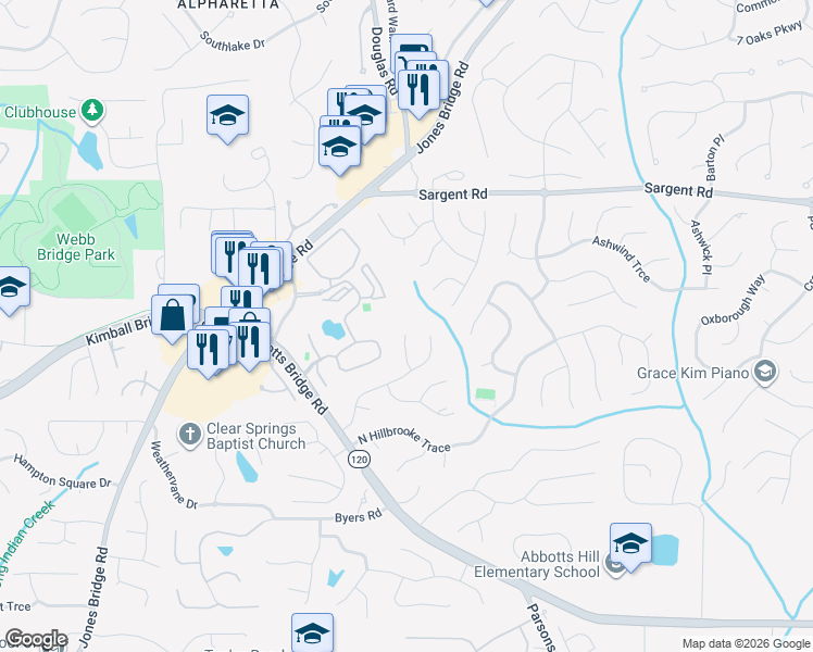 map of restaurants, bars, coffee shops, grocery stores, and more near 470 Dunhill View Court in Alpharetta