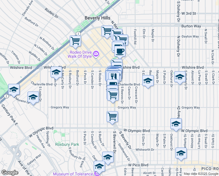 map of restaurants, bars, coffee shops, grocery stores, and more near 9464 Charleville Boulevard in Beverly Hills