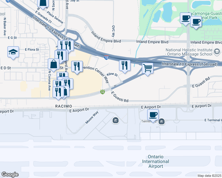 map of restaurants, bars, coffee shops, grocery stores, and more near 4400 East Holt Boulevard in Ontario