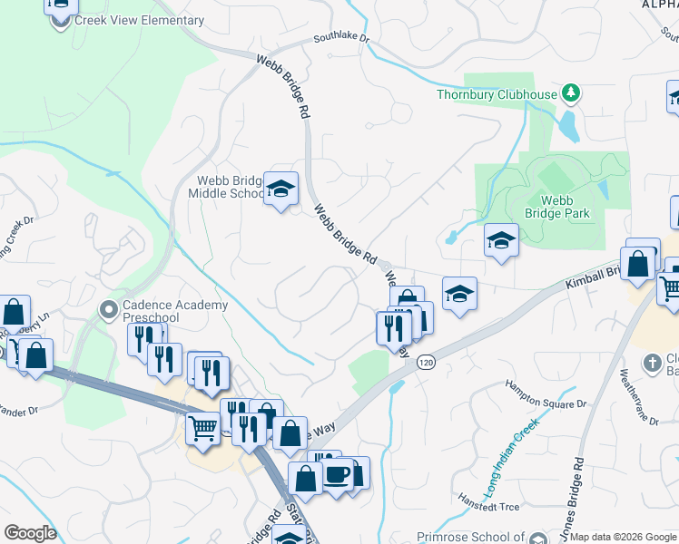 map of restaurants, bars, coffee shops, grocery stores, and more near 1104 Breckenridge Lane in Alpharetta