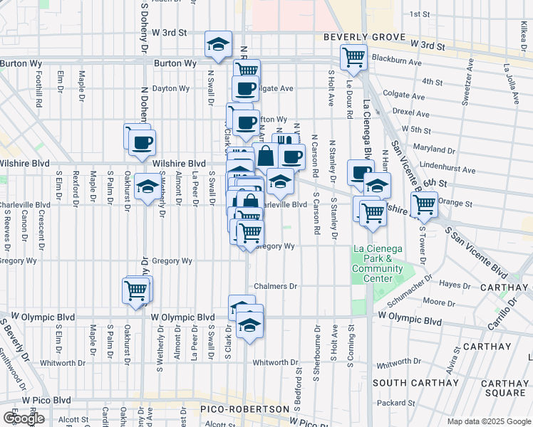 map of restaurants, bars, coffee shops, grocery stores, and more near 8742 Charleville Boulevard in Beverly Hills