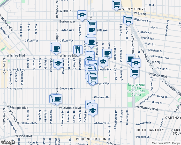 map of restaurants, bars, coffee shops, grocery stores, and more near 1566 South Clark Drive in Beverly Hills