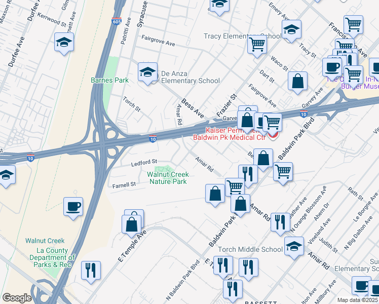 map of restaurants, bars, coffee shops, grocery stores, and more near Amar Road & Frazier Street in Baldwin Park