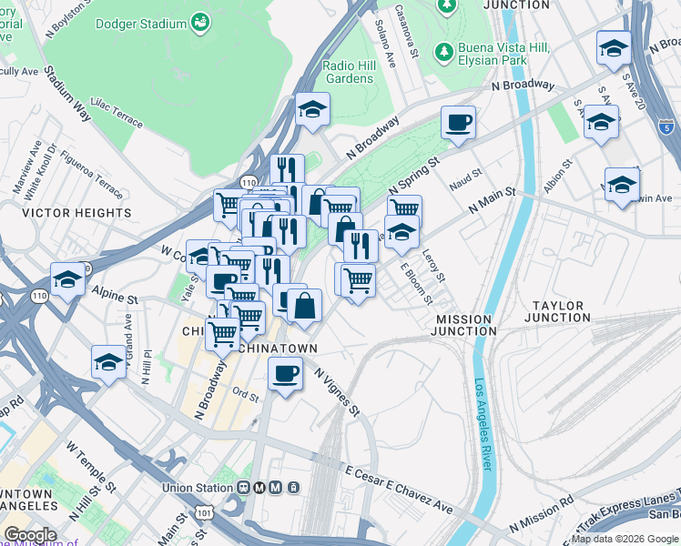 map of restaurants, bars, coffee shops, grocery stores, and more near 1101 North Main Street in Los Angeles