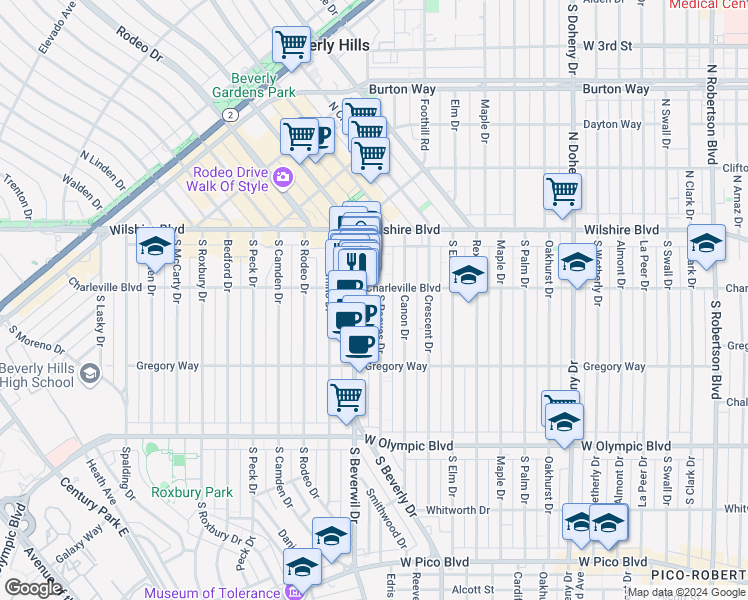 map of restaurants, bars, coffee shops, grocery stores, and more near 209 South Reeves Drive in Beverly Hills