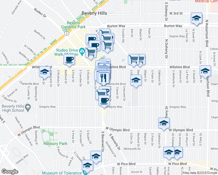 map of restaurants, bars, coffee shops, grocery stores, and more near 209 South Reeves Drive in Beverly Hills