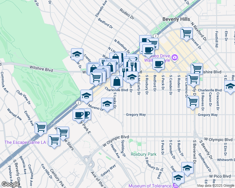 map of restaurants, bars, coffee shops, grocery stores, and more near 208 South Lasky Drive in Beverly Hills