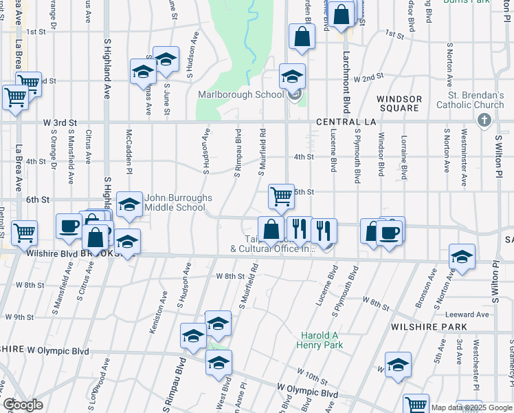 map of restaurants, bars, coffee shops, grocery stores, and more near 524 South Muirfield Road in Los Angeles