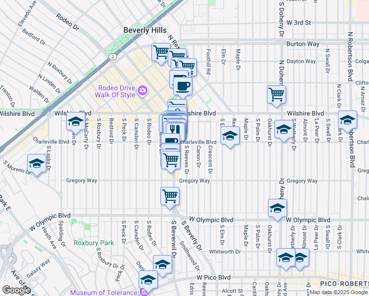 map of restaurants, bars, coffee shops, grocery stores, and more near 9433 Charleville Boulevard in Beverly Hills