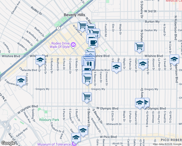 map of restaurants, bars, coffee shops, grocery stores, and more near 9433 Charleville Boulevard in Beverly Hills