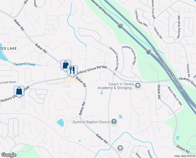 map of restaurants, bars, coffee shops, grocery stores, and more near 2447 Insdale Trce Northwest in Acworth