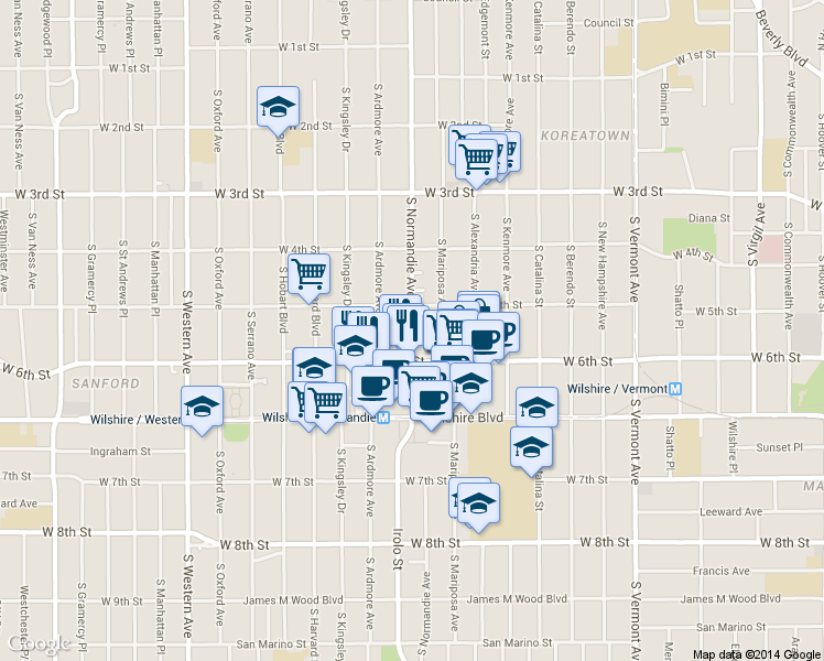 map of restaurants, bars, coffee shops, grocery stores, and more near 524 S Normandie Ave in Los Angeles