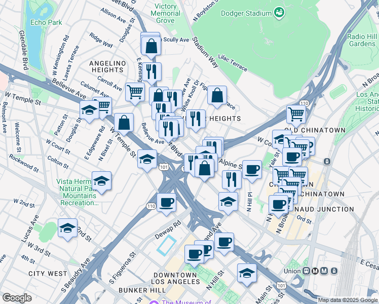 map of restaurants, bars, coffee shops, grocery stores, and more near 1038 Bartlett Street in Los Angeles