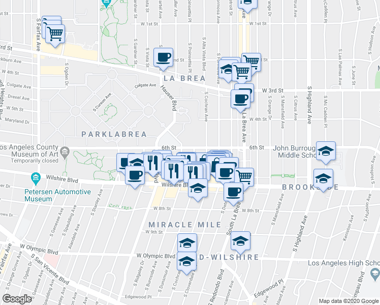 map of restaurants, bars, coffee shops, grocery stores, and more near 607 South Dunsmuir Avenue in Los Angeles