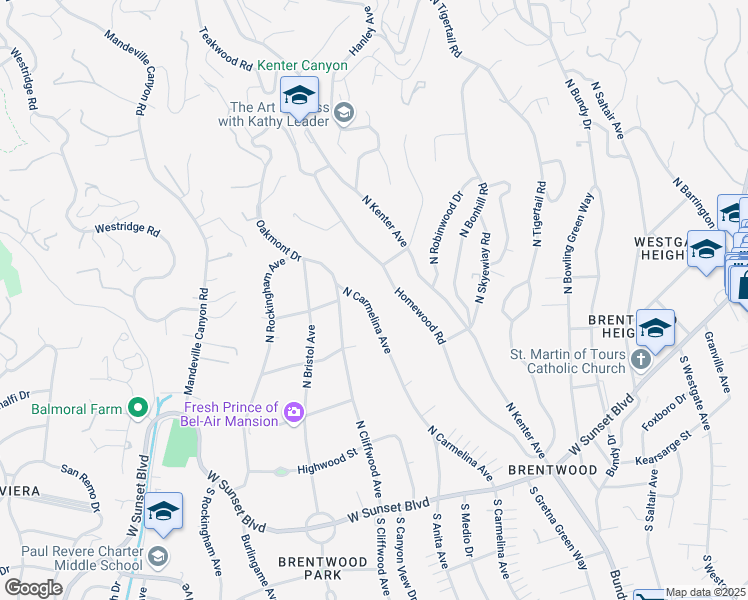 map of restaurants, bars, coffee shops, grocery stores, and more near 446 North Carmelina Avenue in Los Angeles