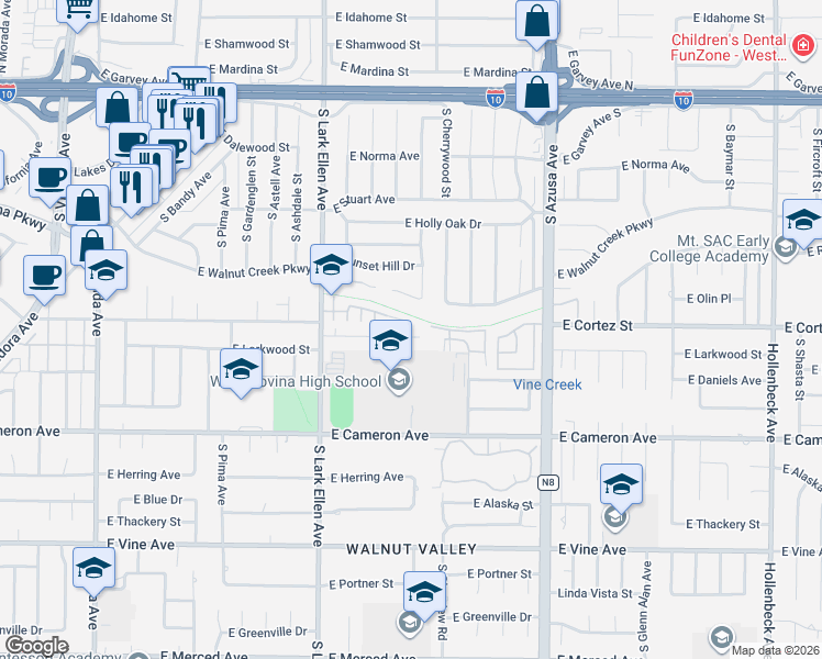 map of restaurants, bars, coffee shops, grocery stores, and more near 1537 Borden Lane in West Covina