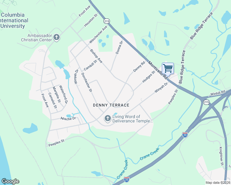 map of restaurants, bars, coffee shops, grocery stores, and more near 1439 Denny Road in Columbia