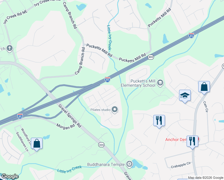 map of restaurants, bars, coffee shops, grocery stores, and more near 2761 Morgan Glen Road Northeast in Buford
