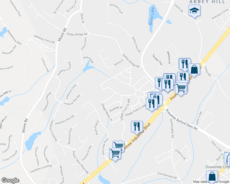 map of restaurants, bars, coffee shops, grocery stores, and more near 4529 Arbor Crest Place in Suwanee