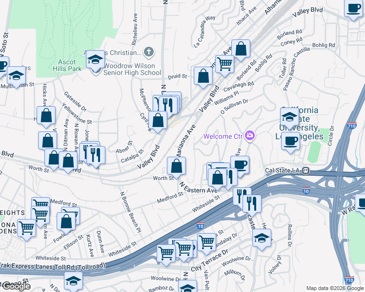 map of restaurants, bars, coffee shops, grocery stores, and more near 1928 North Marianna Avenue in Los Angeles