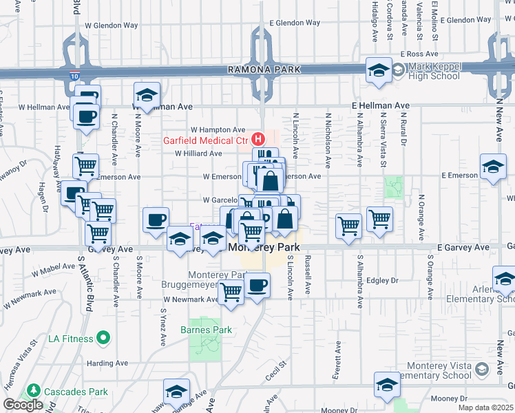map of restaurants, bars, coffee shops, grocery stores, and more near 223 North Garfield Avenue in Monterey Park