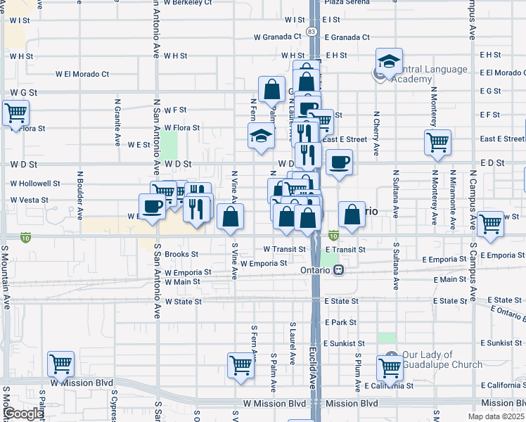 map of restaurants, bars, coffee shops, grocery stores, and more near 316 West B Street in Ontario