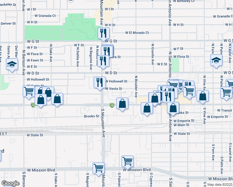 map of restaurants, bars, coffee shops, grocery stores, and more near 952 Pinyon Court in Ontario