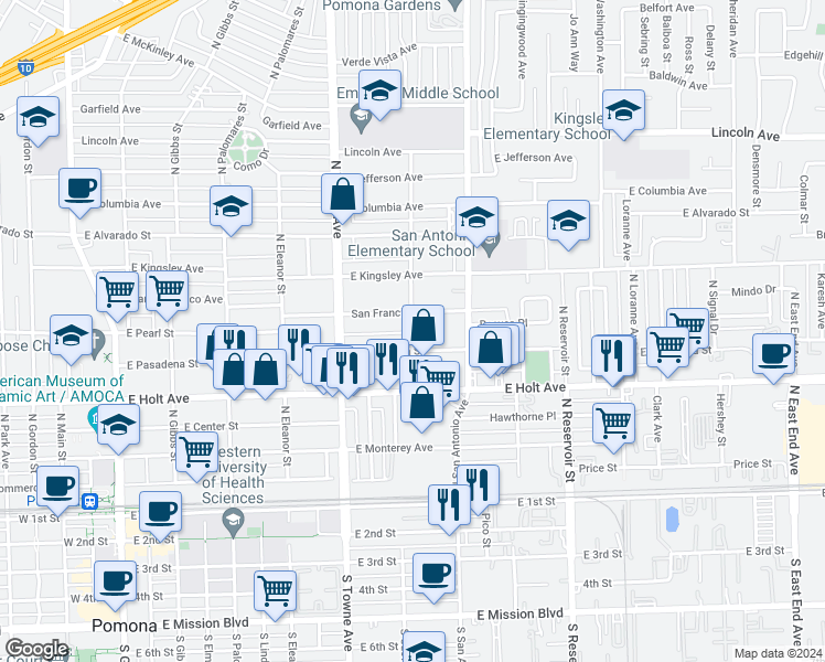 map of restaurants, bars, coffee shops, grocery stores, and more near 678 San Francisco Avenue in Pomona