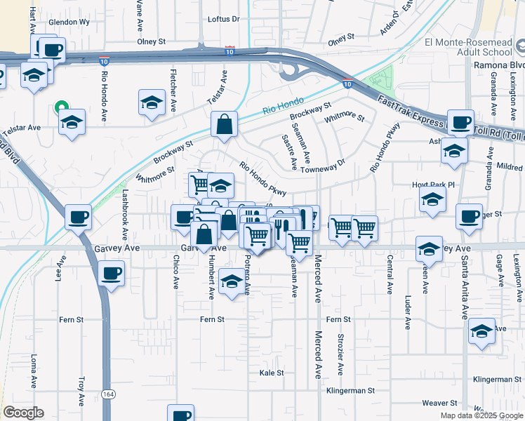 map of restaurants, bars, coffee shops, grocery stores, and more near 9835 Cortada Street in El Monte
