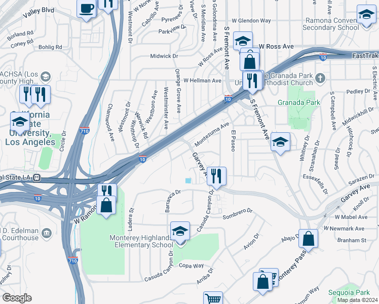map of restaurants, bars, coffee shops, grocery stores, and more near 2901 Montezuma Avenue in Alhambra
