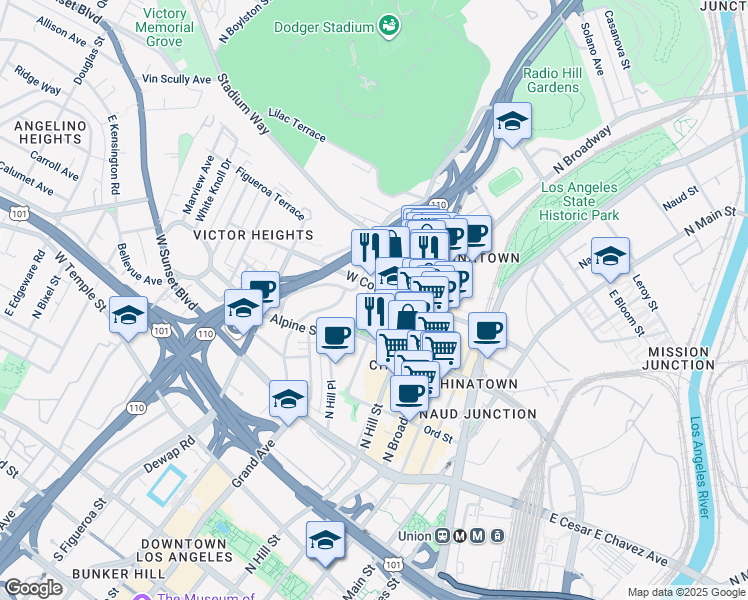 map of restaurants, bars, coffee shops, grocery stores, and more near 850 Cleveland Street in Los Angeles