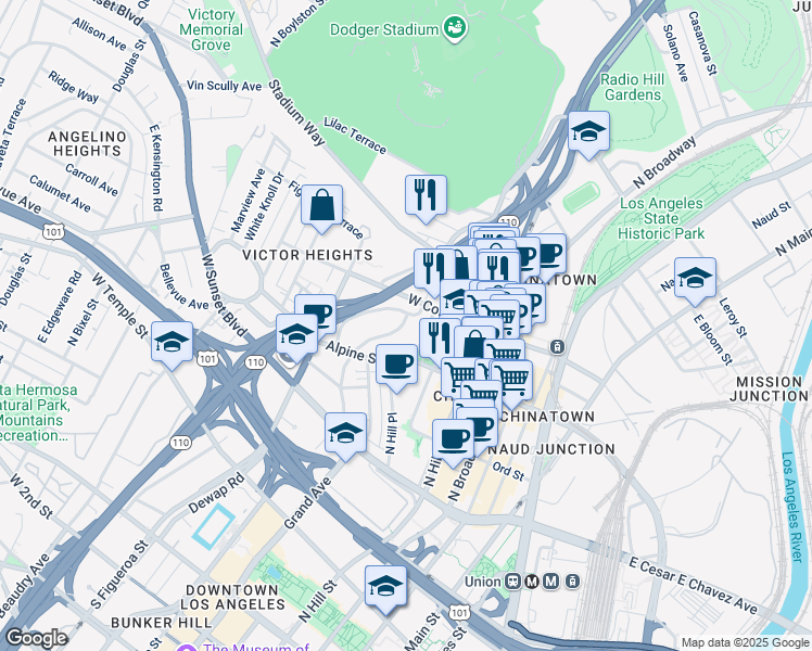 map of restaurants, bars, coffee shops, grocery stores, and more near 877 North Bunker Hill Avenue in Los Angeles