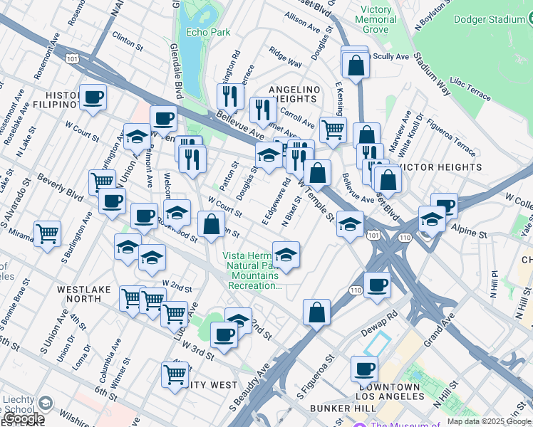map of restaurants, bars, coffee shops, grocery stores, and more near 342 East Edgeware Road in Los Angeles