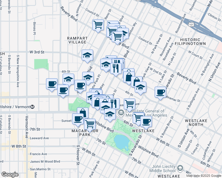 map of restaurants, bars, coffee shops, grocery stores, and more near 336 South Rampart Boulevard in Los Angeles