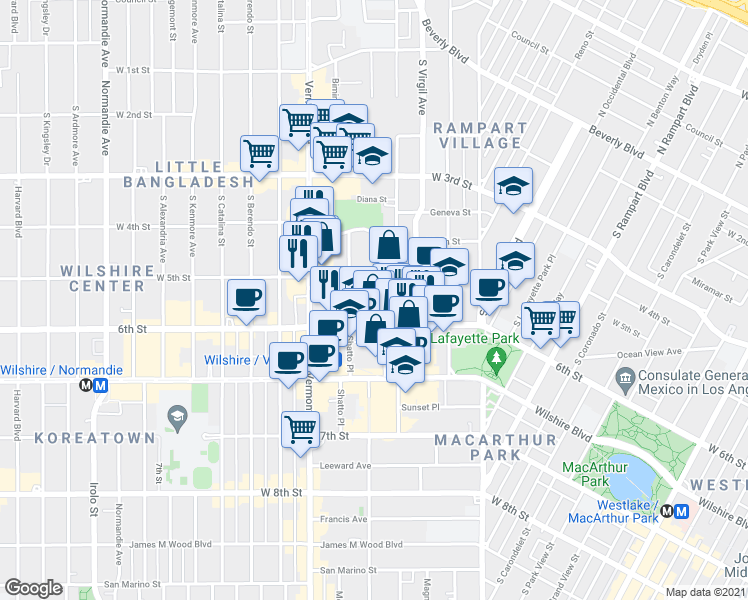 map of restaurants, bars, coffee shops, grocery stores, and more near 501 South Westmoreland Avenue in Los Angeles