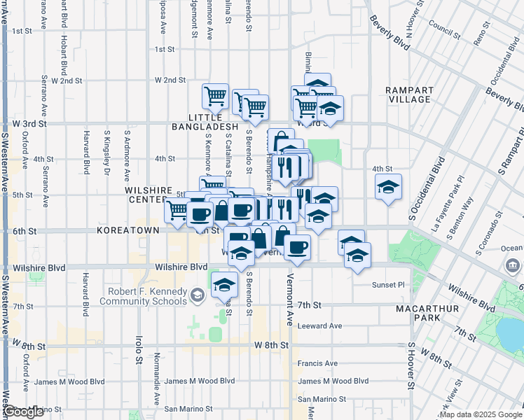 map of restaurants, bars, coffee shops, grocery stores, and more near 512 South New Hampshire Avenue in Los Angeles