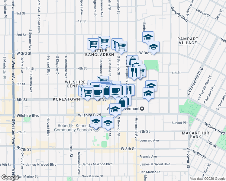 map of restaurants, bars, coffee shops, grocery stores, and more near 501 South Berendo Street in Los Angeles