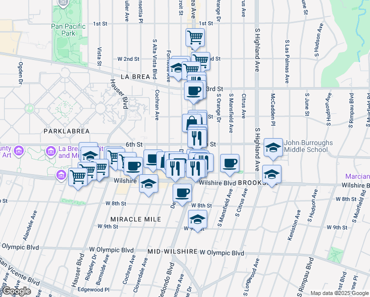 map of restaurants, bars, coffee shops, grocery stores, and more near 465 South Detroit Street in Los Angeles