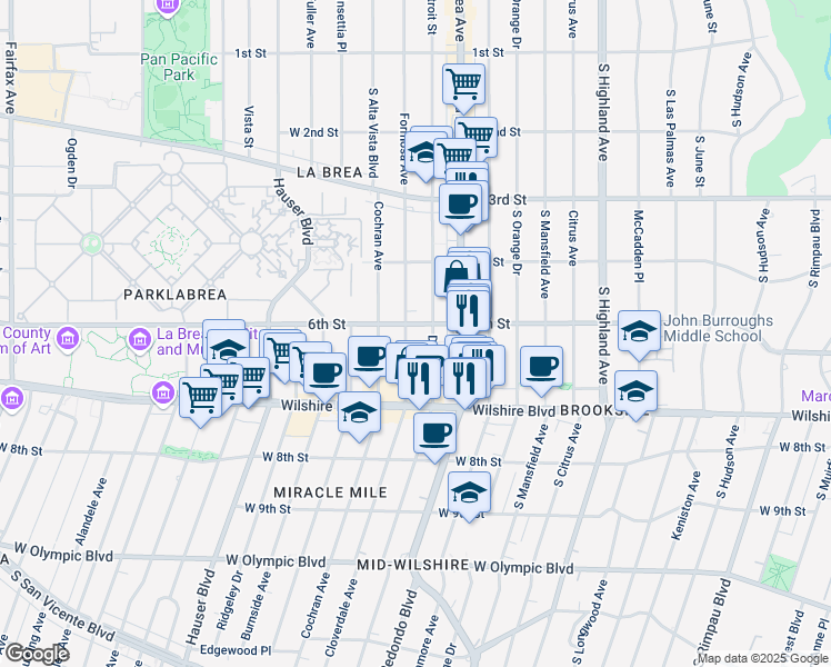 map of restaurants, bars, coffee shops, grocery stores, and more near 465 South Detroit Street in Los Angeles