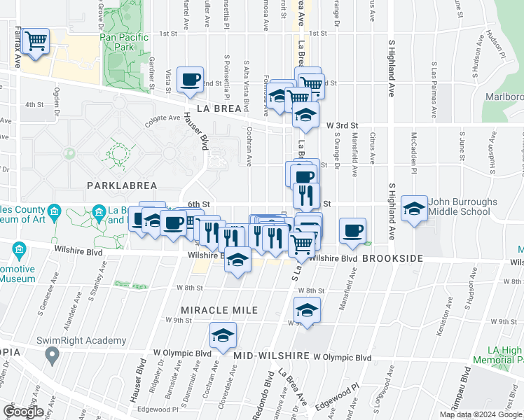 map of restaurants, bars, coffee shops, grocery stores, and more near 5525 West 6th Street in Los Angeles