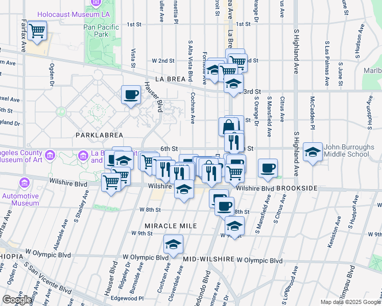 map of restaurants, bars, coffee shops, grocery stores, and more near 5525 West 6th Street in Los Angeles