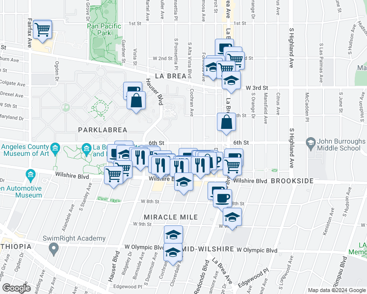 map of restaurants, bars, coffee shops, grocery stores, and more near 5566 West 6th Street in Los Angeles