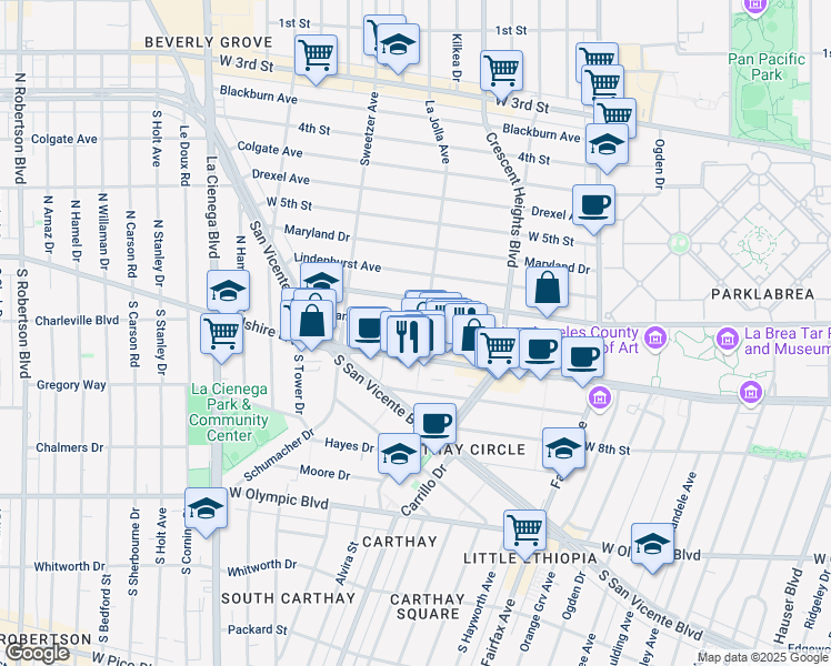 map of restaurants, bars, coffee shops, grocery stores, and more near 622 South La Jolla Avenue in Los Angeles