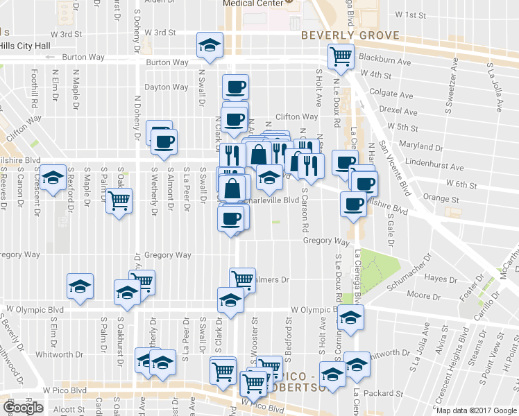 map of restaurants, bars, coffee shops, grocery stores, and more near 8710 Charleville Boulevard in Beverly Hills