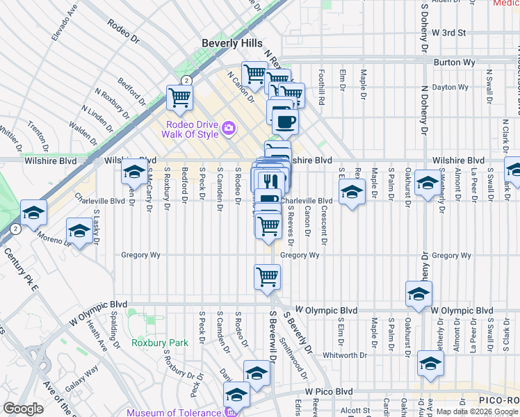 map of restaurants, bars, coffee shops, grocery stores, and more near 9464 Charleville Boulevard in Beverly Hills