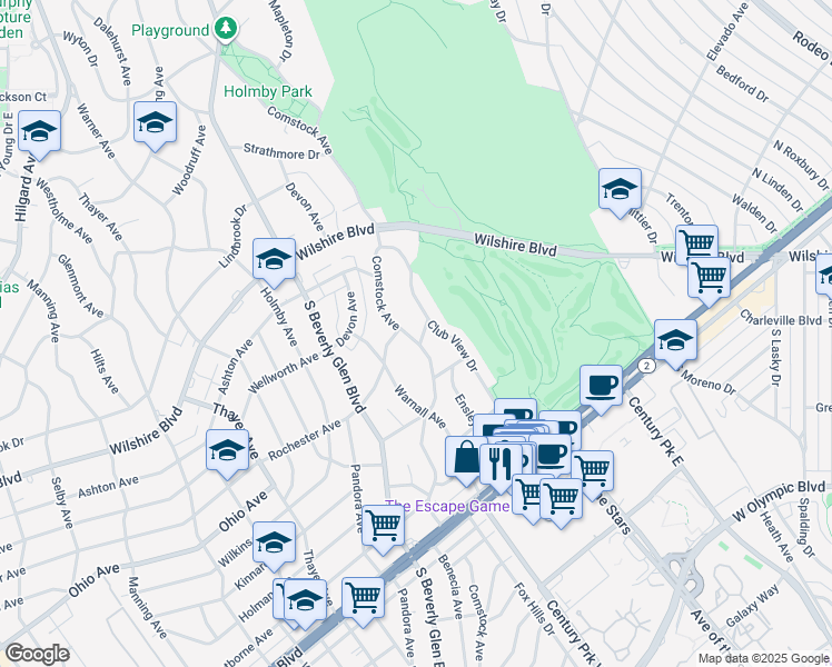 map of restaurants, bars, coffee shops, grocery stores, and more near 1359 Club View Drive in Los Angeles