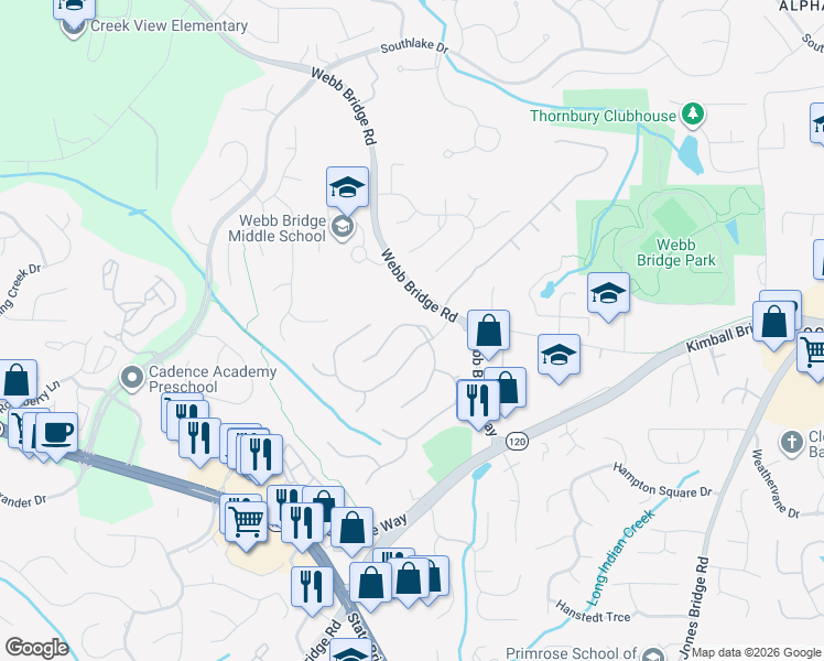 map of restaurants, bars, coffee shops, grocery stores, and more near 1104 Breckenridge Lane in Alpharetta