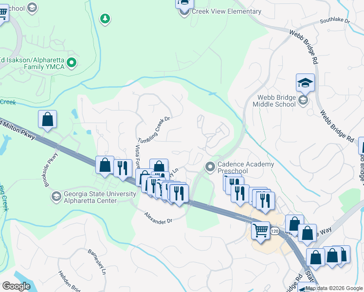 map of restaurants, bars, coffee shops, grocery stores, and more near 900 Highmeade Drive in Alpharetta