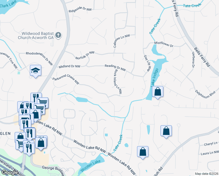 map of restaurants, bars, coffee shops, grocery stores, and more near 4802 Oxford Walk in Acworth