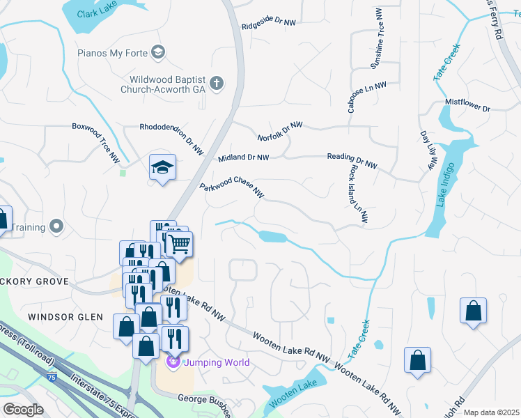 map of restaurants, bars, coffee shops, grocery stores, and more near 1303 Chandler Court Northwest in Acworth